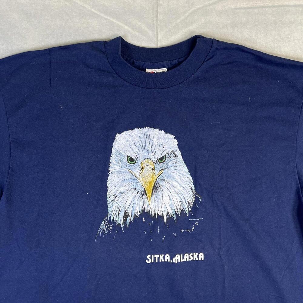 Vintage 90s Alaska Eagle T-Shirt Mens XXL Blue Sitka Graphic Single Stitch